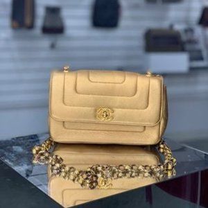 Chanel Vintage 90's Metallic Lambskin Mini Quilted Flap Gold Cross Body Bag